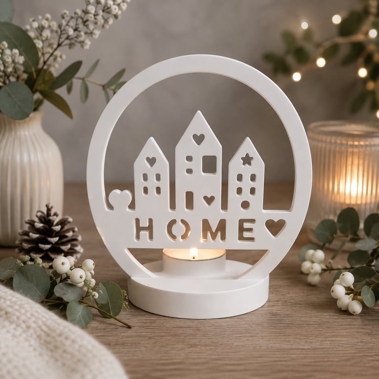 Scandi Style 'Home' Decorative Tealight Holder Ornament. Simple But Elegant
