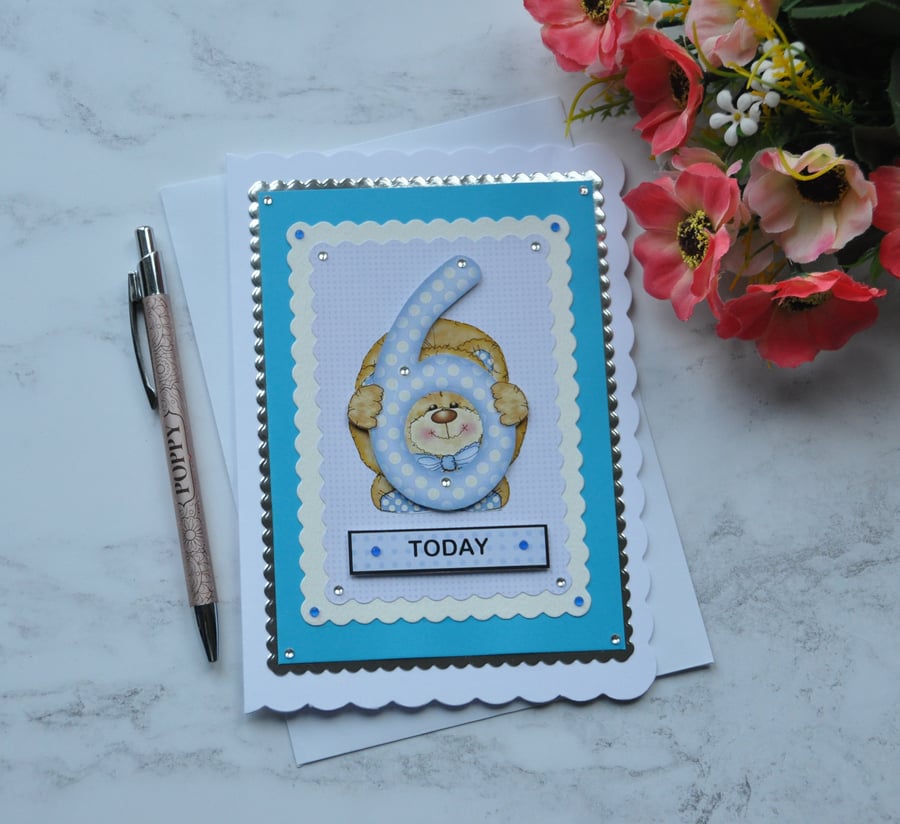 Birthday Card 6 Today Boy Teddy Bear Blue White Polka Dots 3D Luxury Handmade