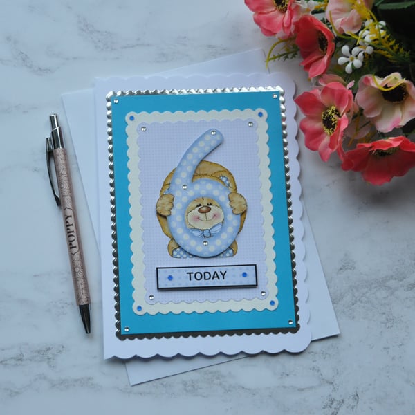 Birthday Card 6 Today Boy Teddy Bear Blue White Polka Dots 3D Luxury Handmade