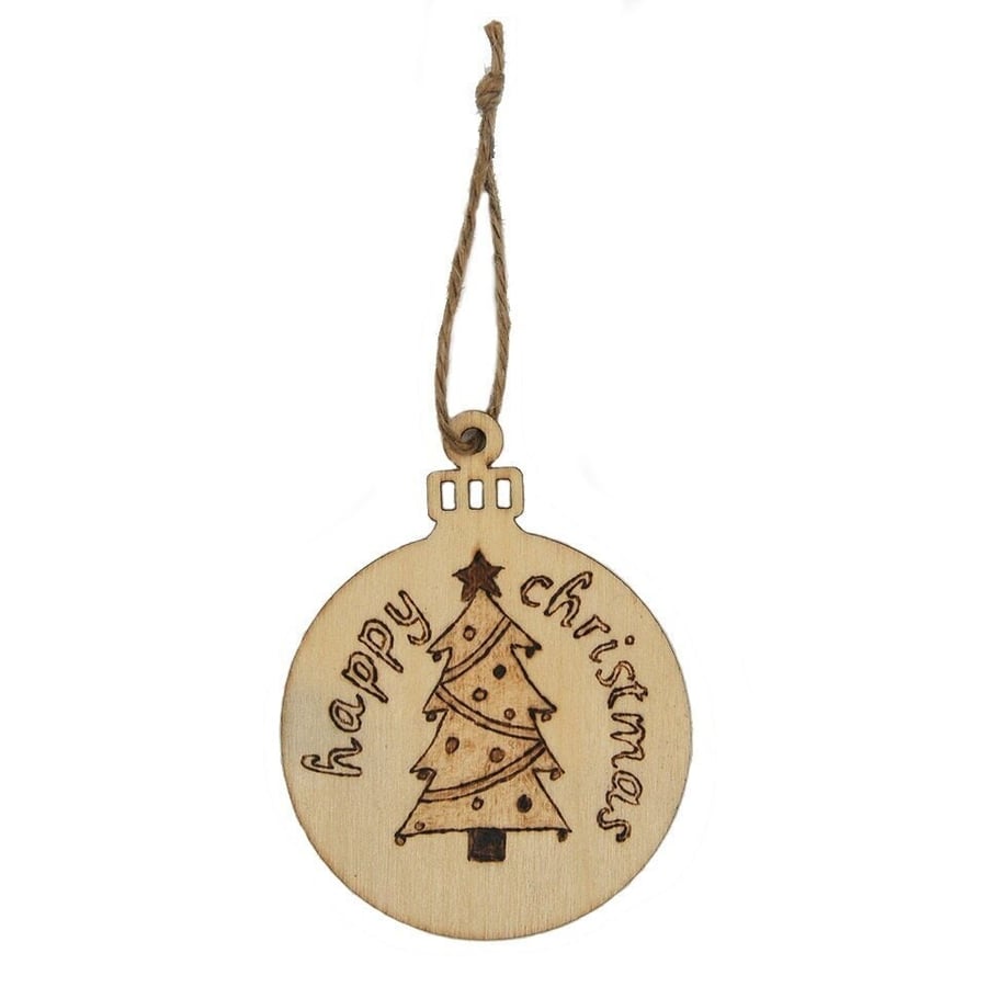 Happy Christmas - Christmas Tree Decoration - Xmas Tree Wooden Bauble - Free P&P