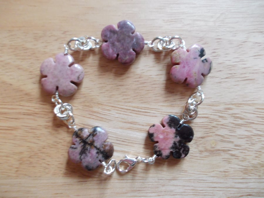 Rhodonite flowers and chainmaille bracelet