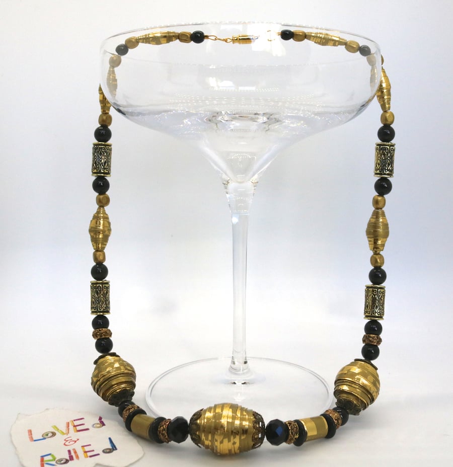 Opulent Bronze Gold and Black paper beaded necklace in the pharaonic style