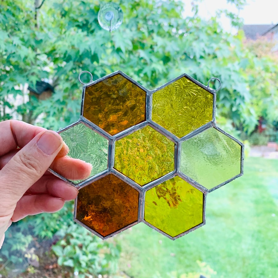 Stained Glass Honeycomb Suncatcher - Handmade Window Decoration - Amber