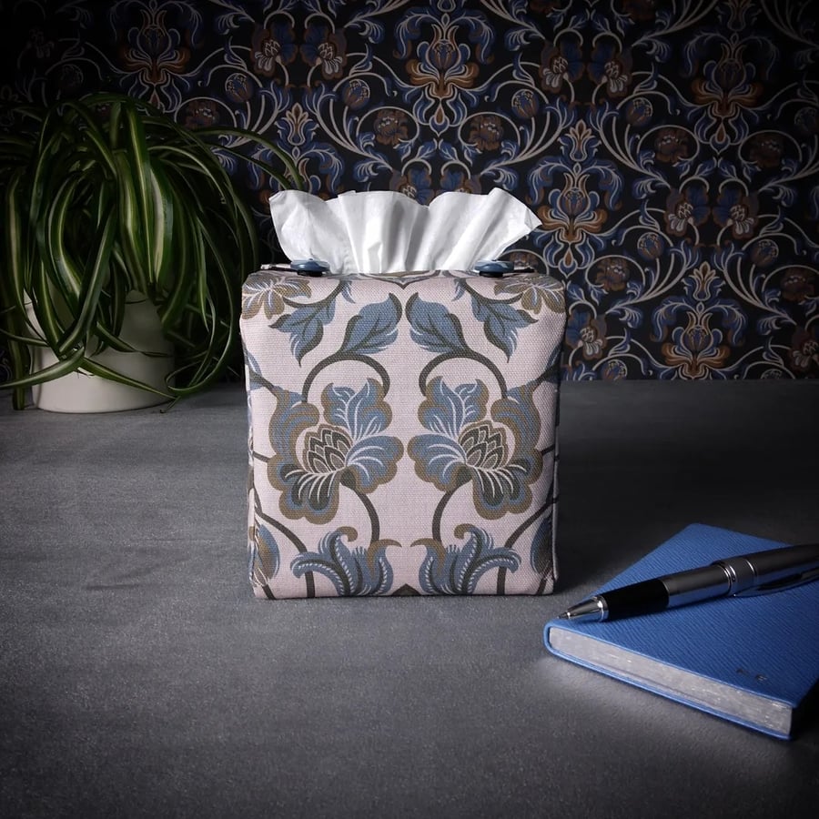 Square Tissue Box Cover Size 'B' - Baroque Style Floral on Taupe