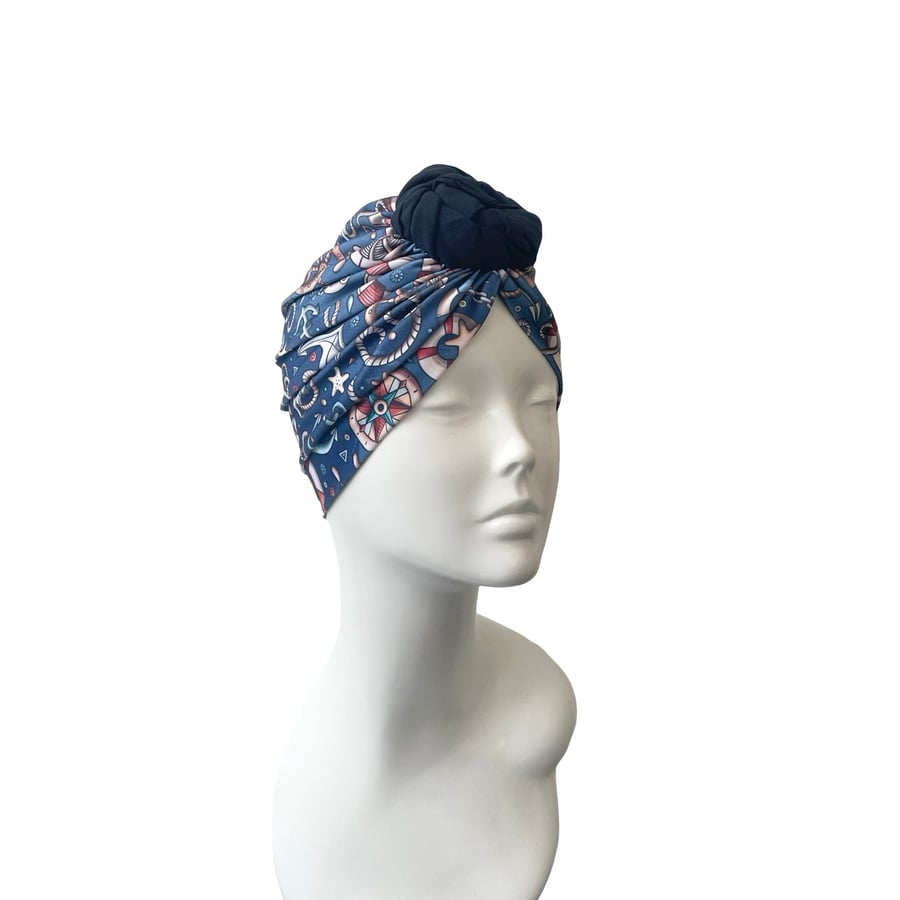 Nautical Print Summer Beach Turban Head Wrap, SPF 50 Hair Care Hair Loss Turban 