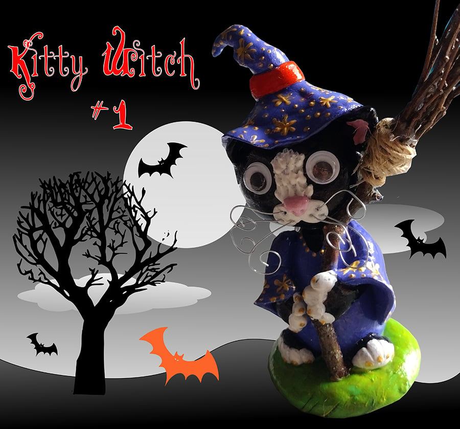 Kitty Witch 1 - Witch, cat ornament, figurine of Halloween character