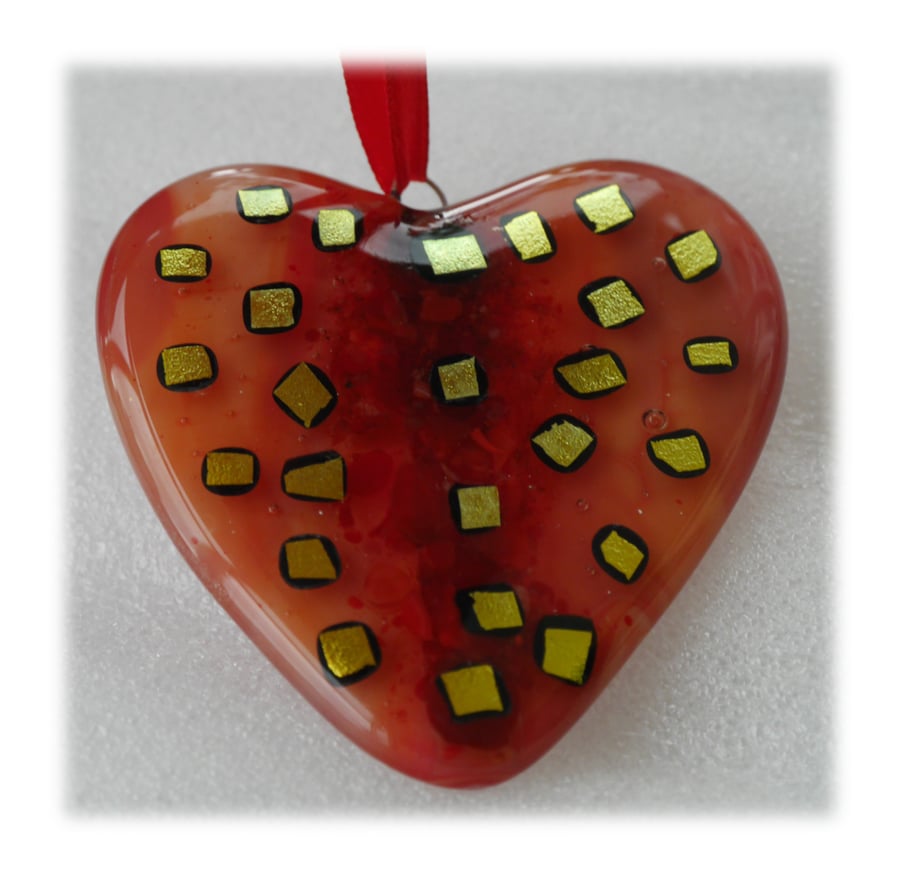 Love Heart Red Fused Glass Suncatcher 008 9cm Dichroic 