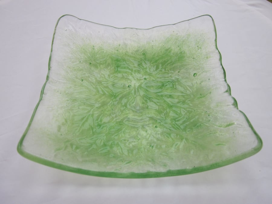 Handmade fused glass candy bowl - green man 1