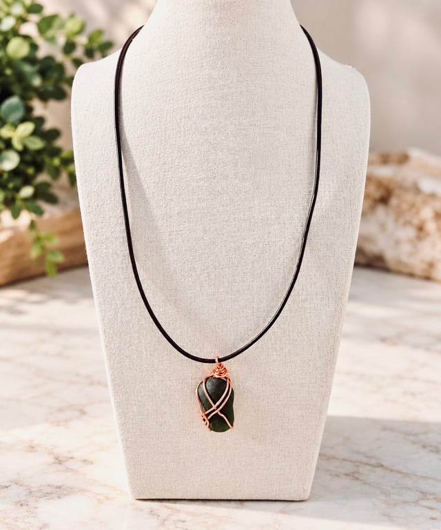 Dark Green Seaham Sea Glass Pendant – Handmade Copper Wire Wrapped Necklace