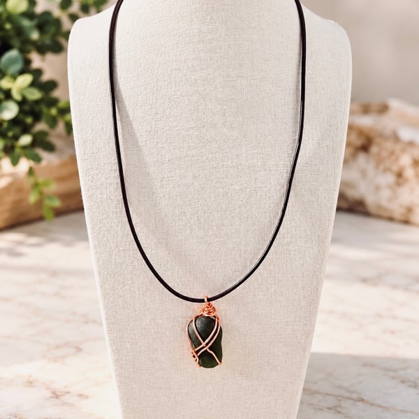 Dark Green Seaham Sea Glass Pendant – Handmade Copper Wire Wrapped Necklace