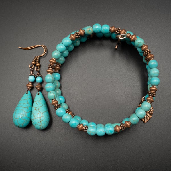 Turquoise and copper gemstone bracelet and earring set