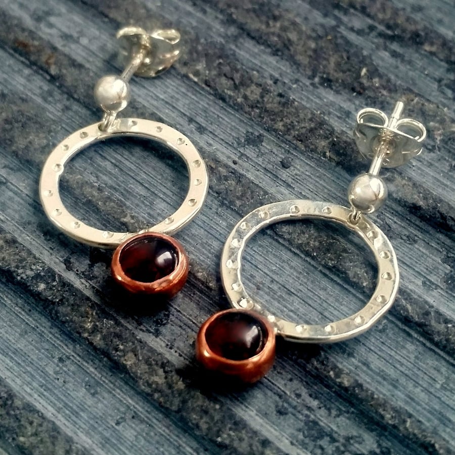 Silver earrings, silver garnet earrings