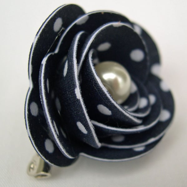 Hardened Fabric Ditsy Floral Rose Brooch Navy Polka Dot