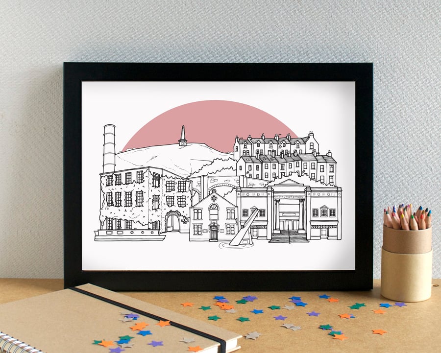 Hebden Bridge Landmarks Skyline Art Print