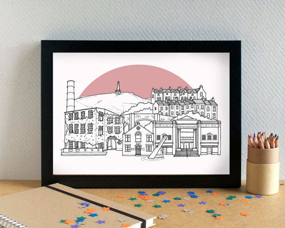 Hebden Bridge Landmarks Skyline Art Print