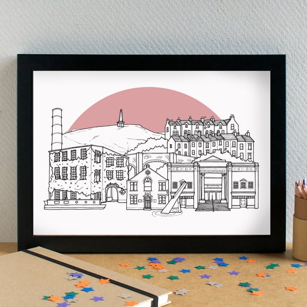 Hebden Bridge Landmarks Skyline Art Print