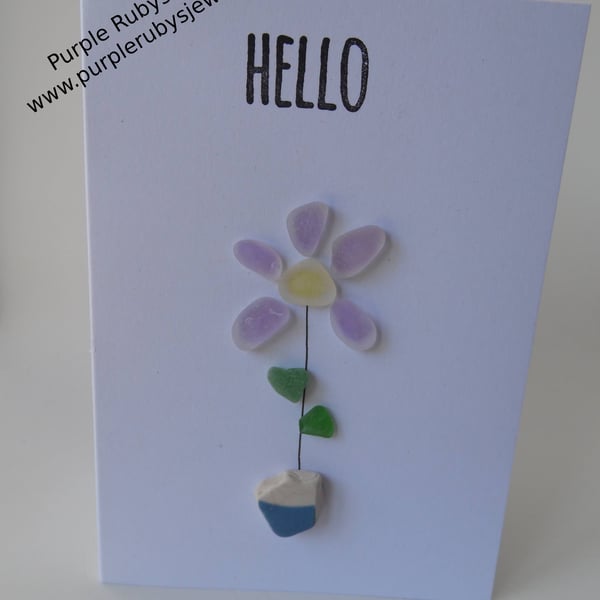 Purple Sea Glass Flower in Blue Sea Pottery Vase 'Hello' Card C323