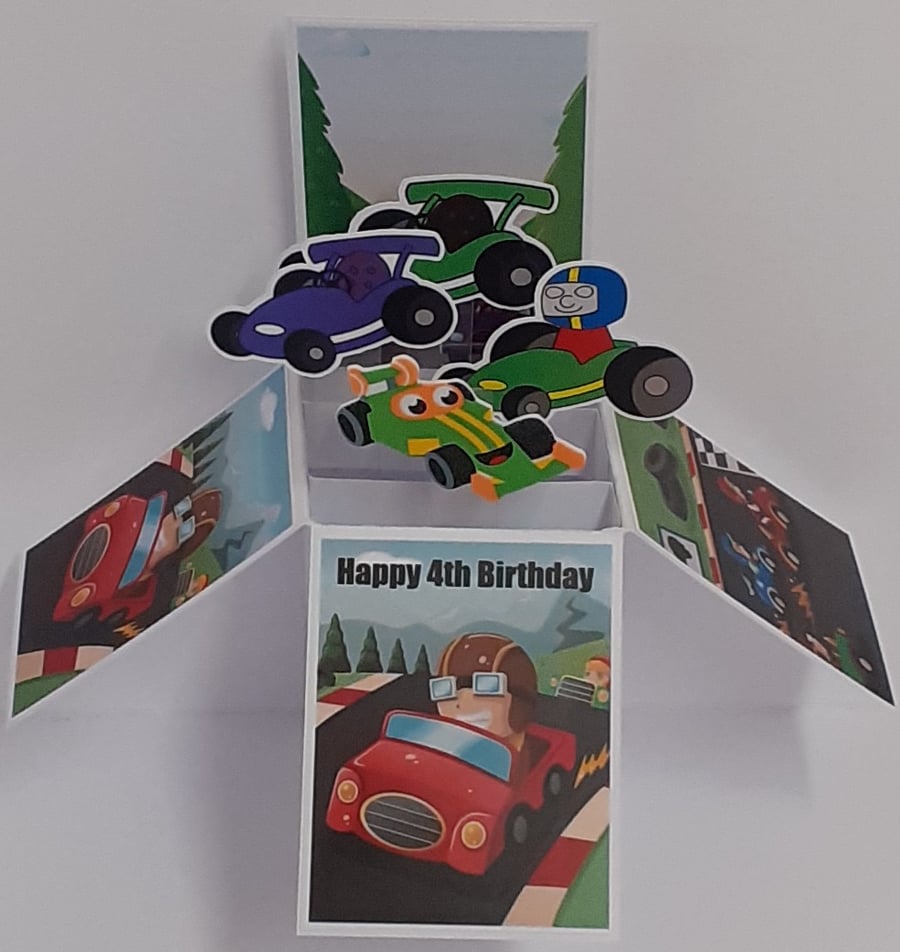 Boys 4th Birthday Card with Racing Cars