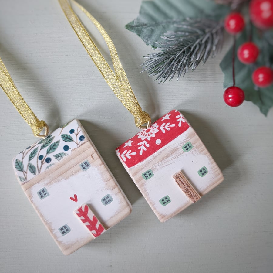 Set of 2 Painted Christmas House Hanging Decorations