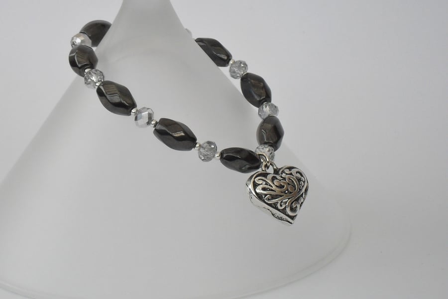 Hematite and crystal  heart charm bracelet