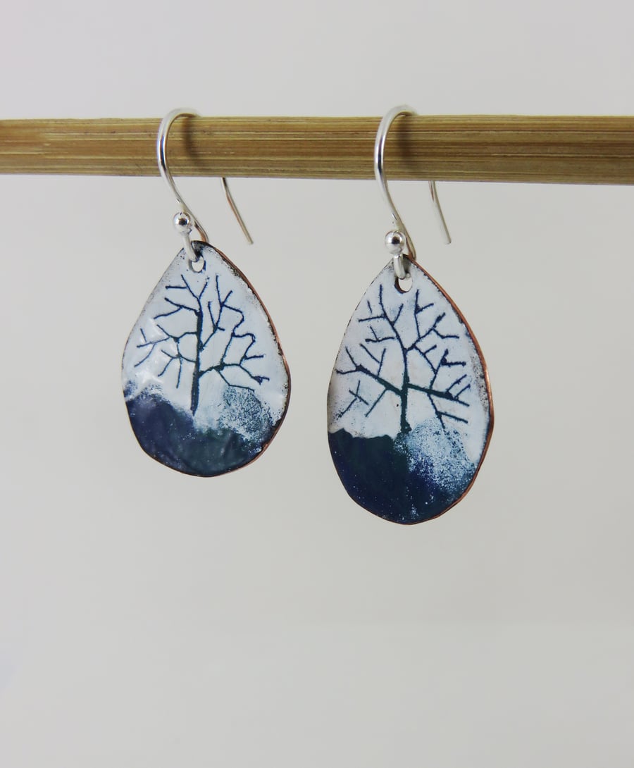 Enamel and Copper Blue and Green Tree Dangle Earrings