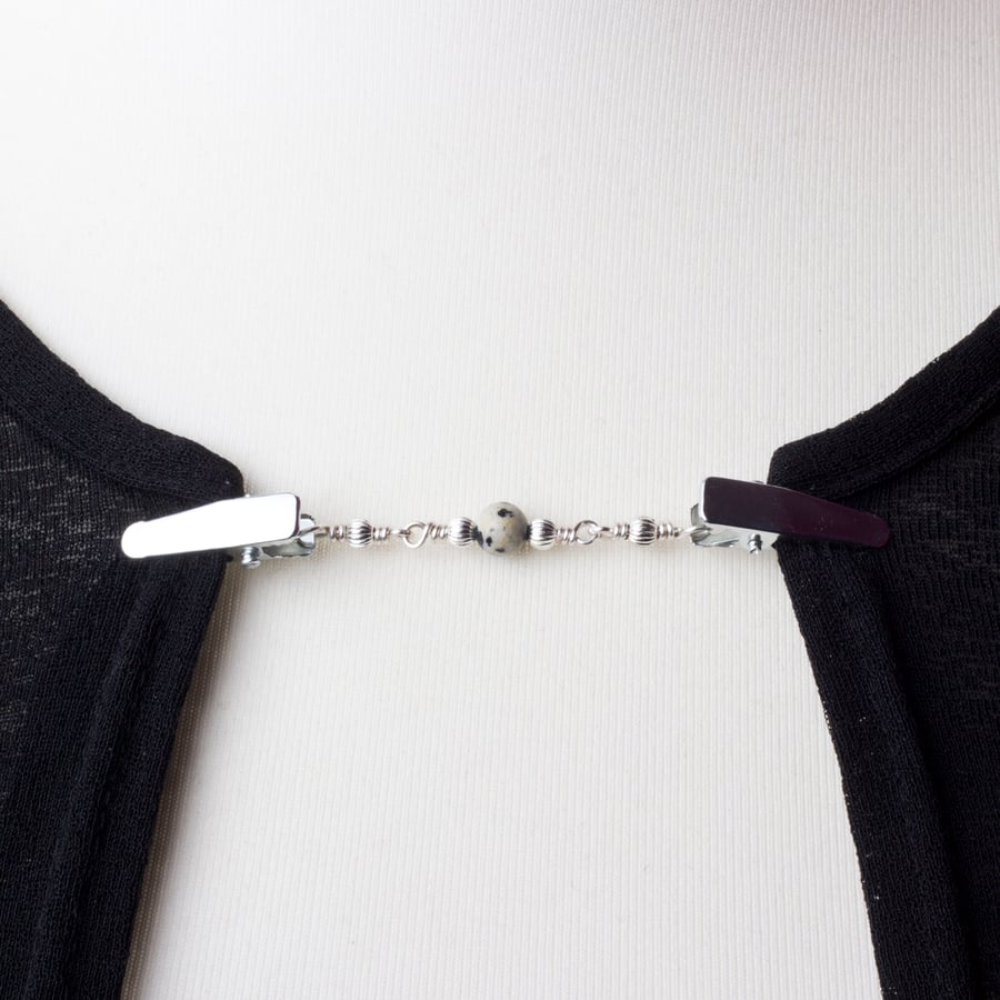 Cardigan clips - Dalmatian jasper gemstone and bead sweater clip