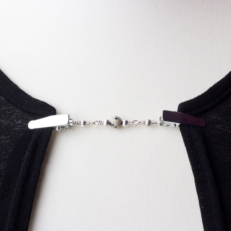 Cardigan clips - Dalmatian jasper gemstone and bead sweater clip