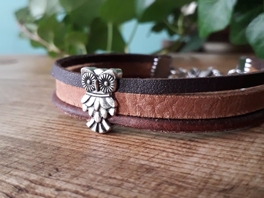 Owl leather bracelet - shades of brown silver