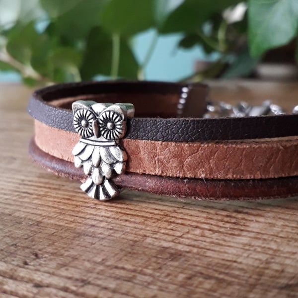 Owl leather bracelet - shades of brown silver