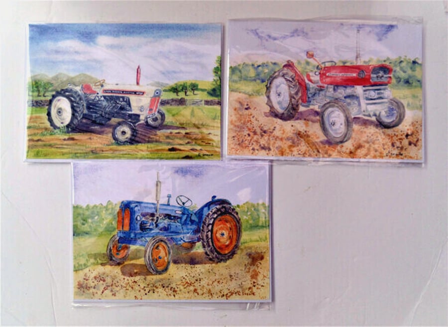 Tractor collection pack of 3 blank greetings cards from original watercolours