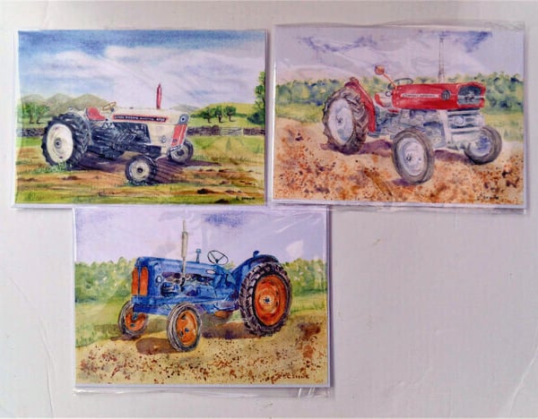 Tractor collection pack of 3 blank greetings cards from original watercolours