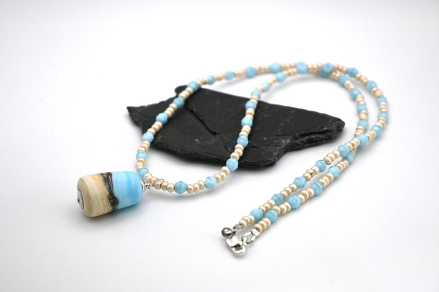 blue beach lampwork glass pendant necklace