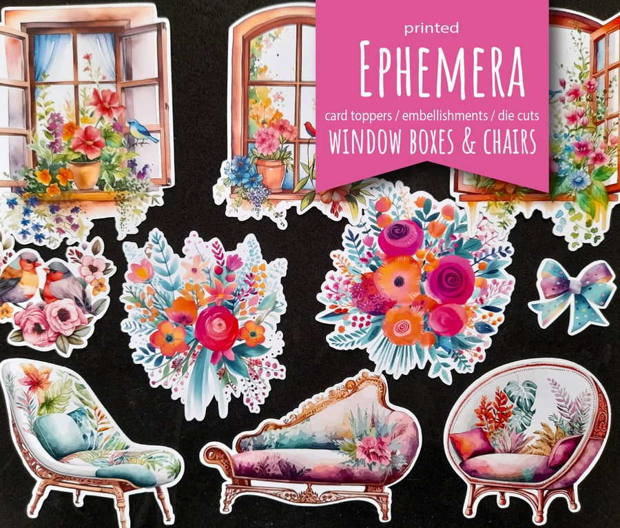 Flower Window Boxes & Chairs ephemera, die cuts, embellishments, card toppers