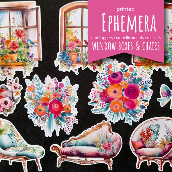 Flower Window Boxes & Chairs ephemera, die cuts, embellishments, card toppers
