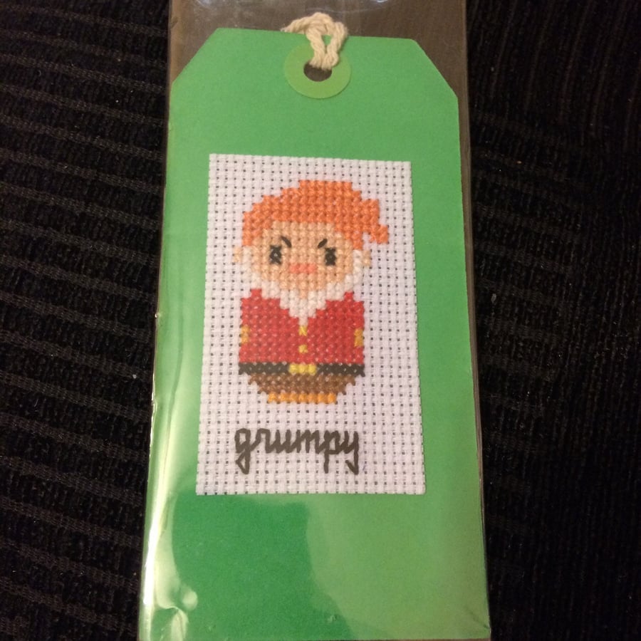 Cross stitched grumpy gift tag
