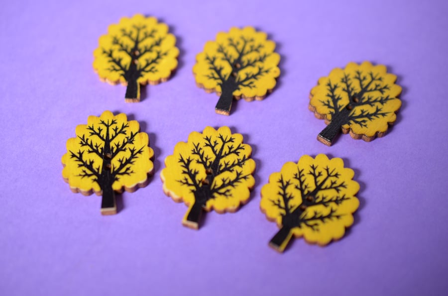 Wooden Tree Buttons Yellow 6pk 32x24mm Woodland (T7)