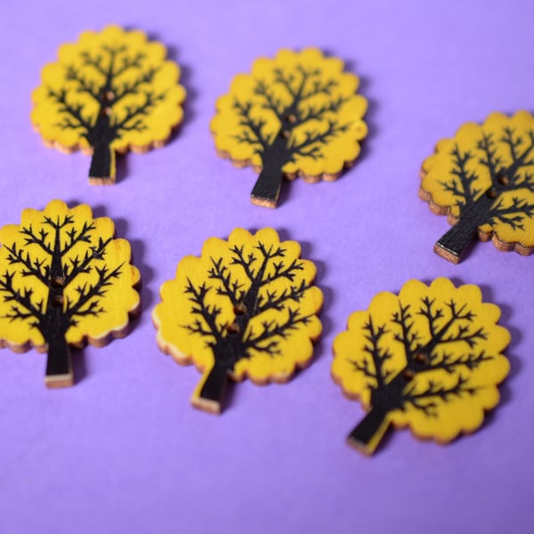 Wooden Tree Buttons Yellow 6pk 32x24mm Woodland (T7)