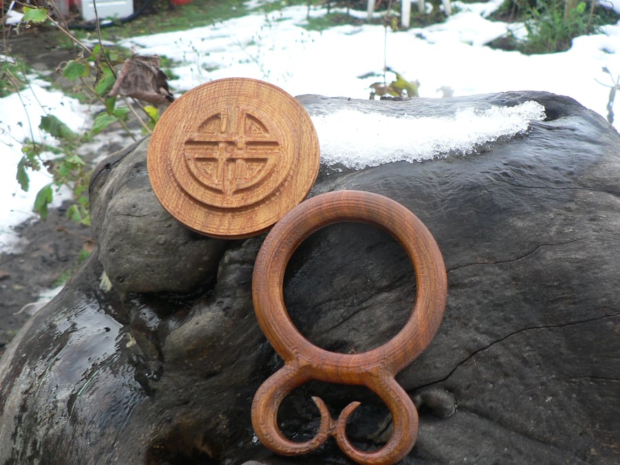 Troll cross and  badge set in wych elm