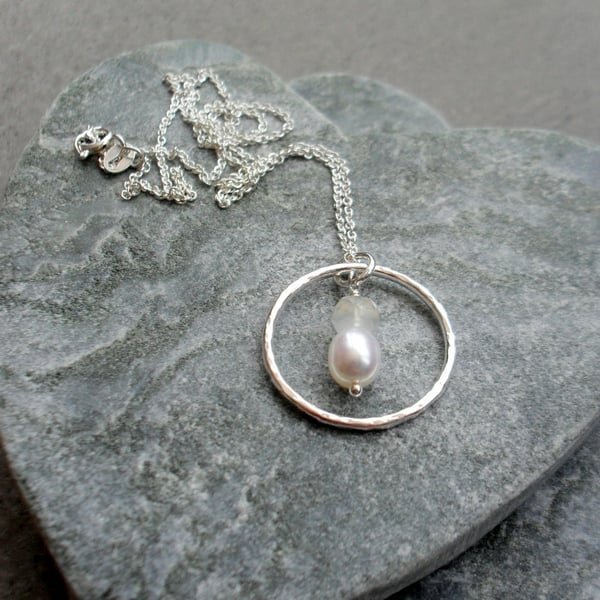Sterling Silver Circle Pendant With Moonstone and Pearl Sterling Silver Chain 