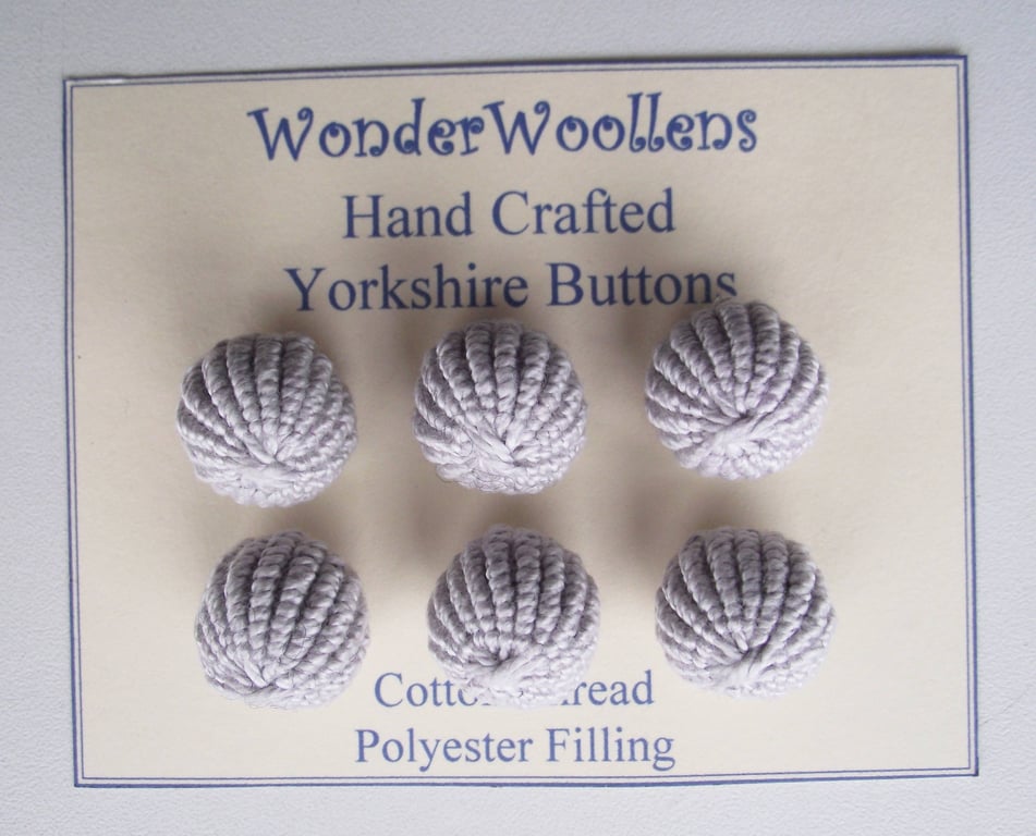Yorkshire Buttons, Embellishments, Cotton Thread, Set of Six, Light Grey