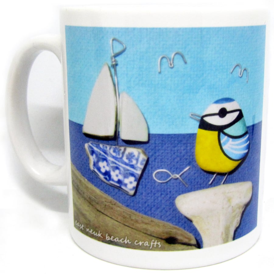 Seaside Mug & Gift Box - Blue Tit, Seal, Boat - Handmade Coastal Pebble Art