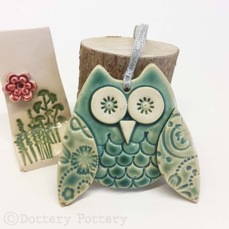Ceramic owl hanging decoration Pottery owl ceramic bird green
