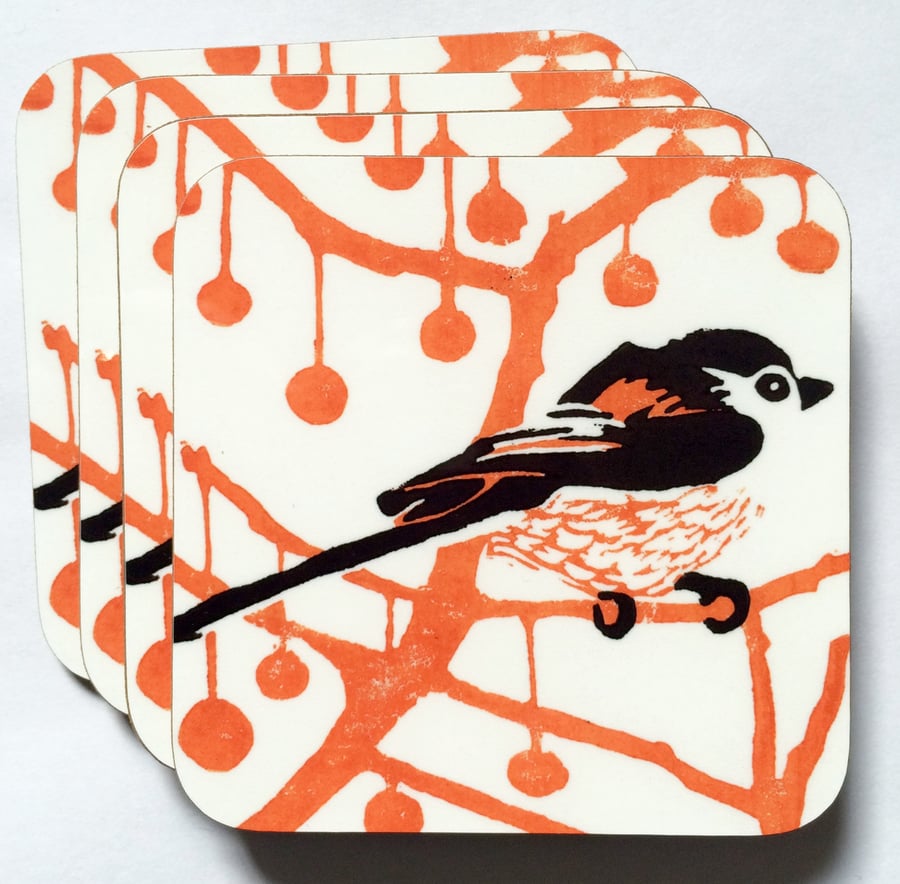 Orange & Black Longtail Coasters Gift Box of 4