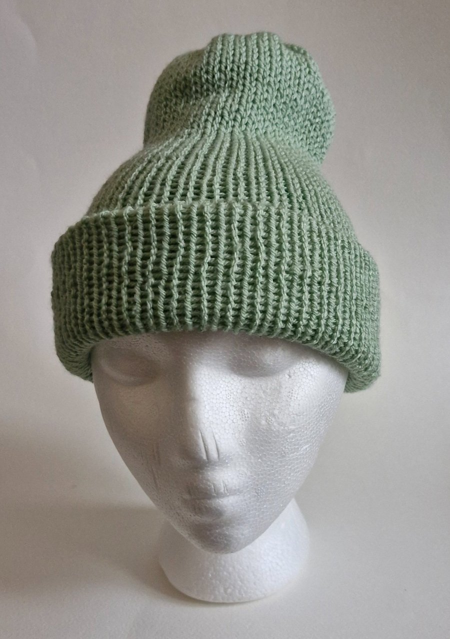 Reversible 2 Greens Wool Knitted Beanie Hat One Size