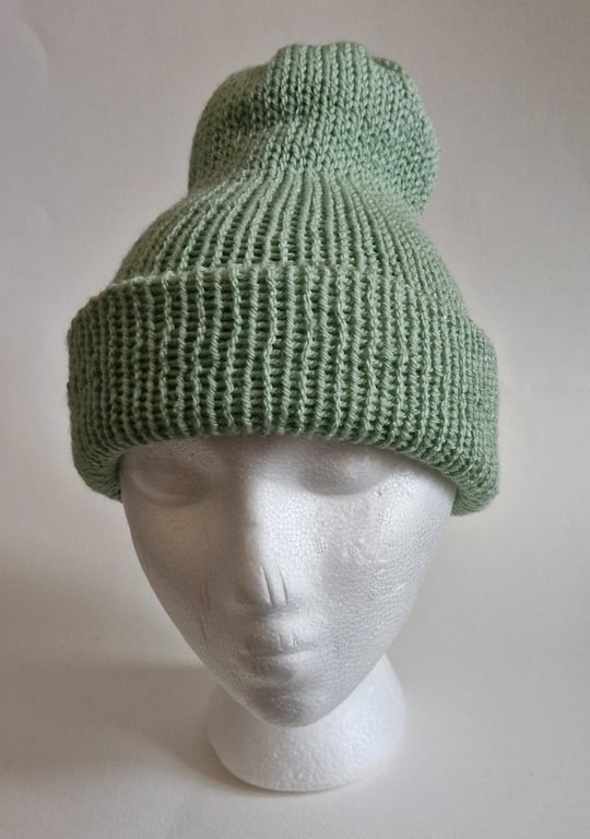 Reversible 2 Greens Wool Knitted Beanie Hat One Size