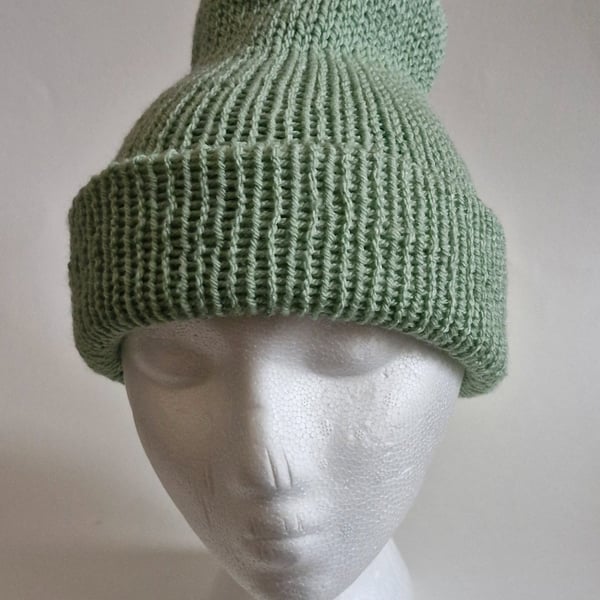 Reversible 2 Greens Wool Knitted Beanie Hat One Size