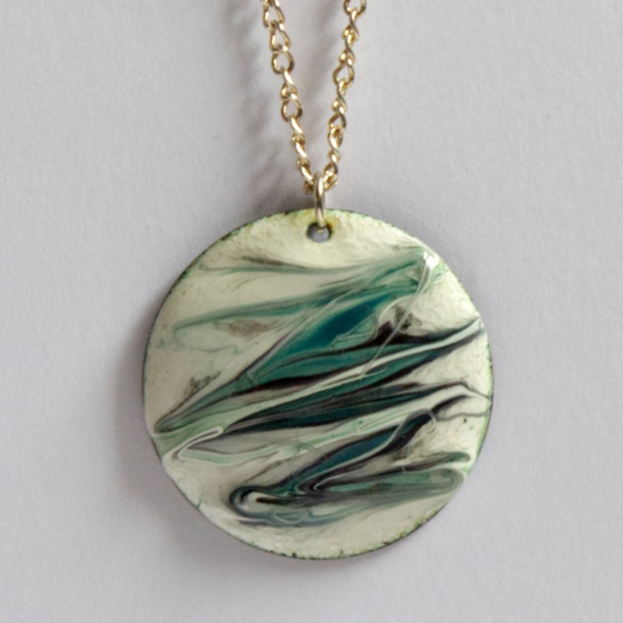 dark green and black scrolled over white - round domed pendant