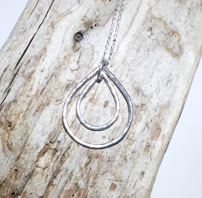 Sterling Silver Double Teardrop Pendant Necklace (NKSSPDTD4) - UK Free Post
