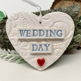 Ceramic Wedding heart grey blue writing