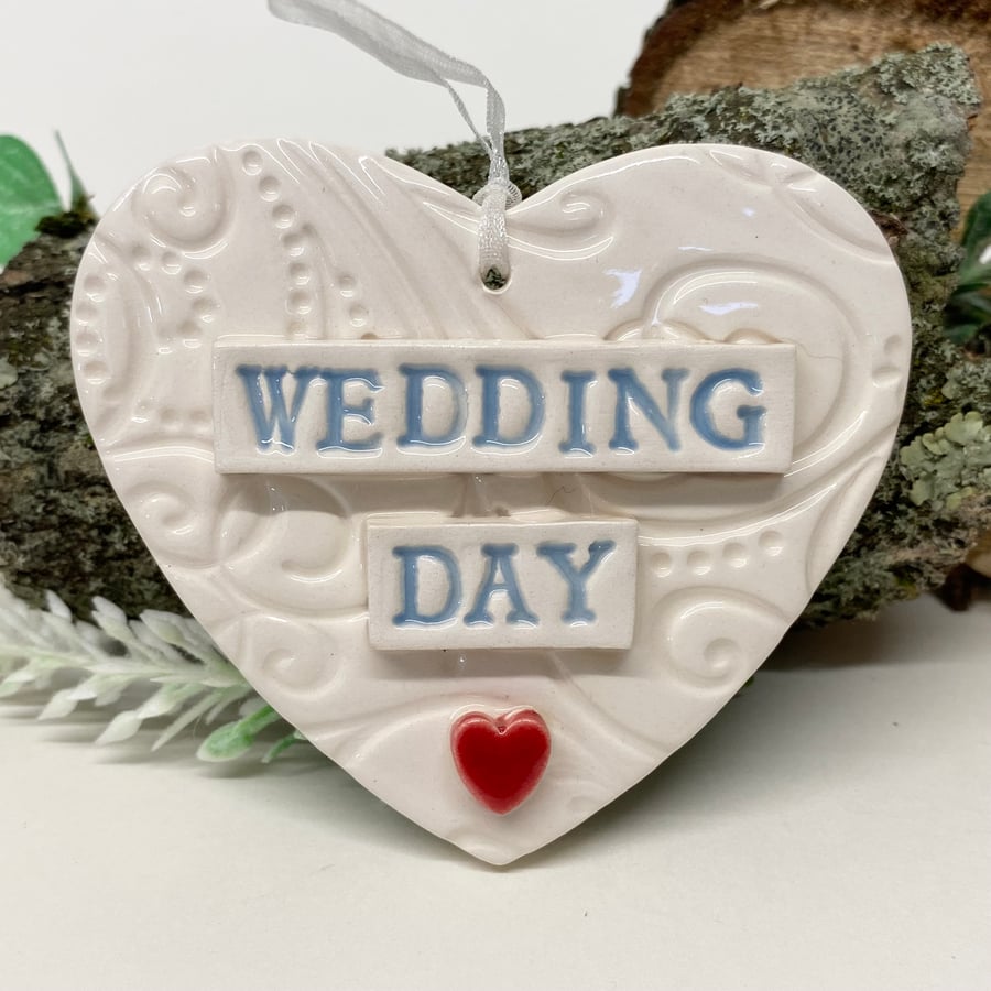Ceramic Wedding heart grey blue writing